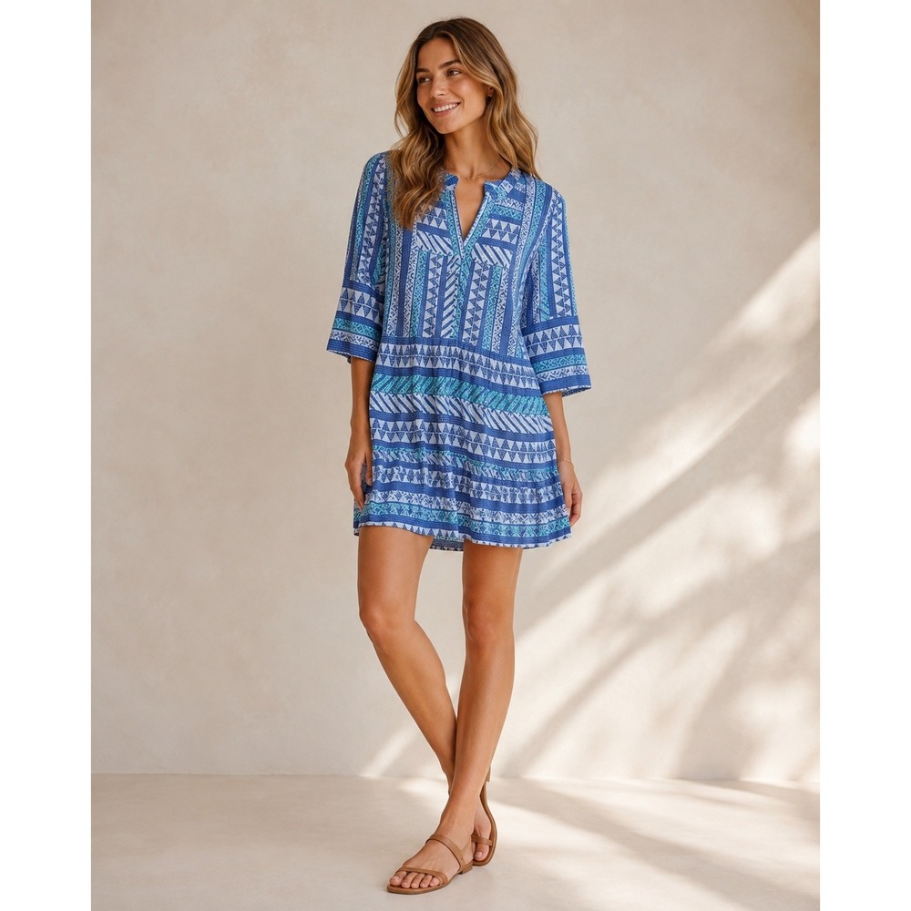 GOA‎ by Japna Blue Geometric Boho Mini Dress 3/4 Sleeve